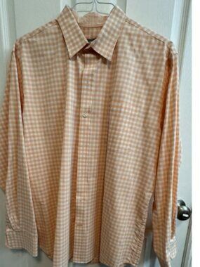 Izod Men’s XL Button Shirt Orange White Check Long Sleeve Button Down Collar